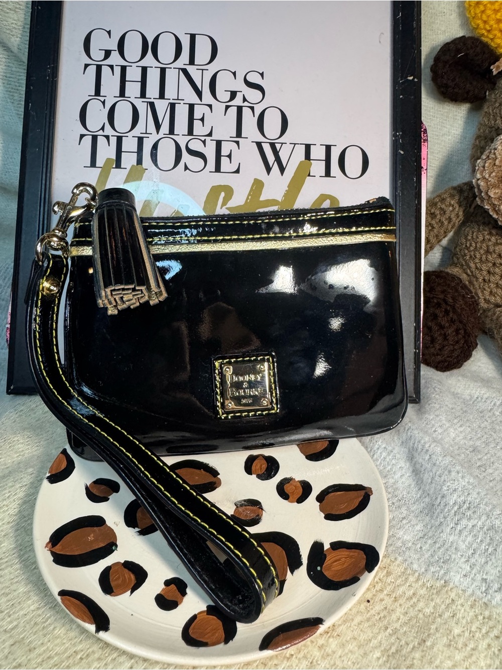 Dooney & Bourke Black Patent Wristlet with Gold Trim
